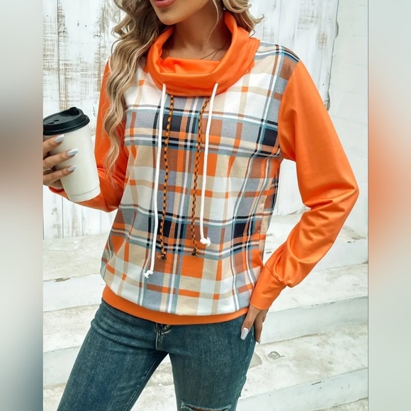 WOMENS COWL NECK PLAID PRINT LONG SLEEVE SWEATSHIRT.  NEW, SIZE SMALL! - Picture 3 of 7